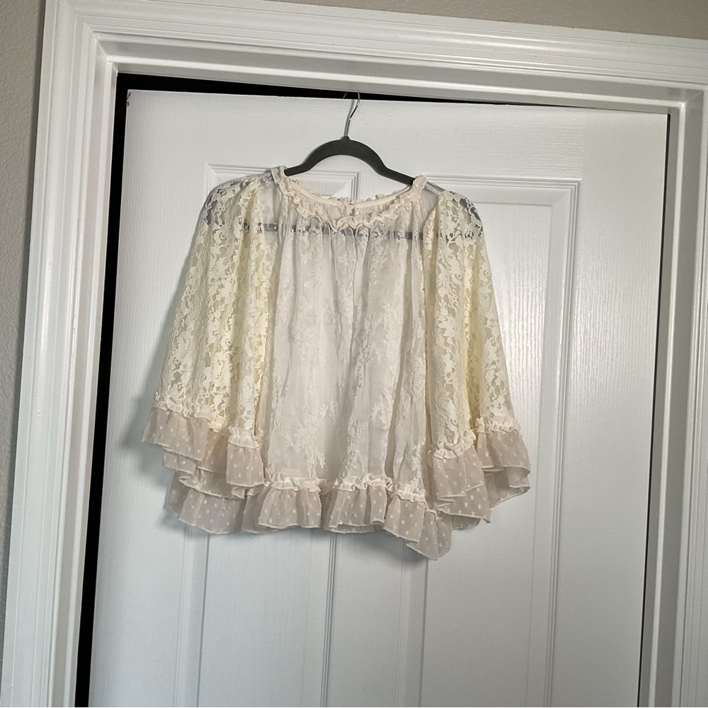 Sheer Lace Ruffled Peasant Blouse - Cream